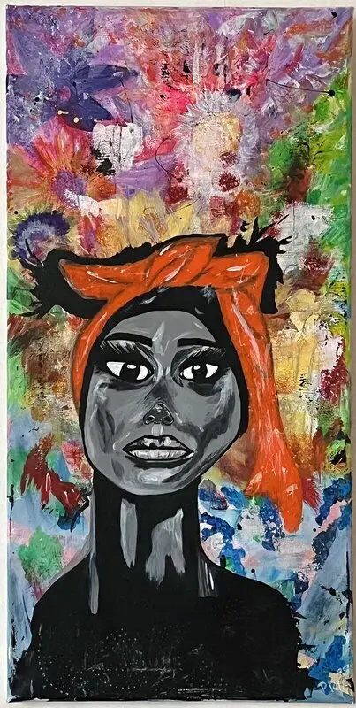 Akrylmålning Woman among flowers av Pria Blomberg