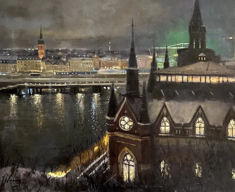 Oljemålning Vy över Gamla stan (Stadsholmen) av Jörgen Winberg