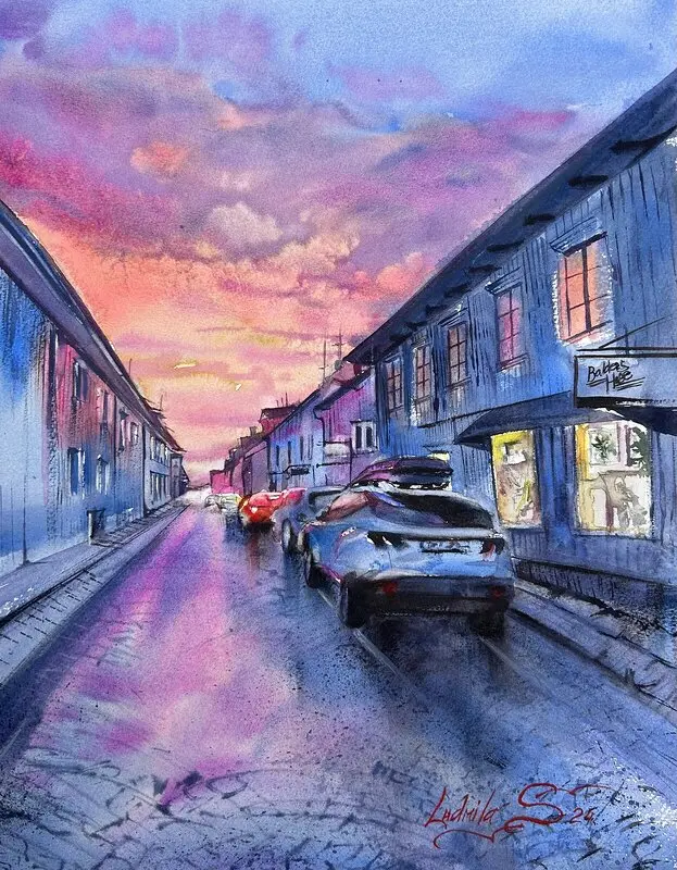Akvarell Morgon i  en stad av Ludmila Sauchanka