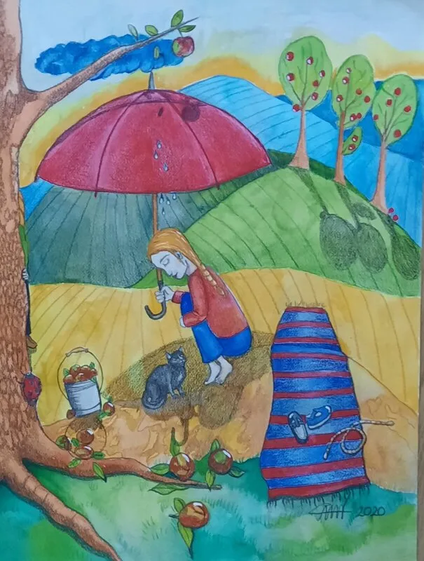 Akvarell Lilla jag I regnet av Åse Motsanos Nordgren