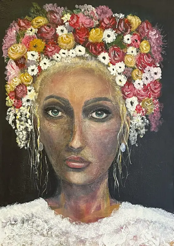 Akrylmålning Hon har blommor i sitt hår av Linda Käller