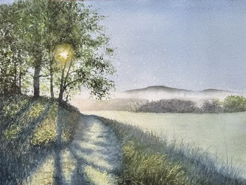 Akvarell Morgondimman lättar av Jeanette Malmberg