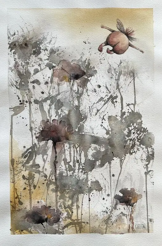 Akvarell Rumpla i rörelse av Katarina Sakrisson