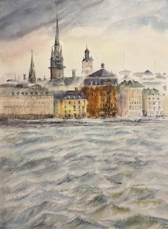 Akvarell Morgondis på Skeppsbron i Gamla stan av Katarina Blomberg