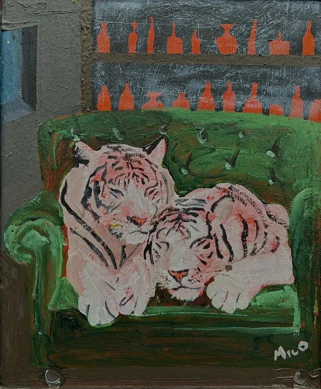 Akrylmålning Där ute pågår världen av Milo