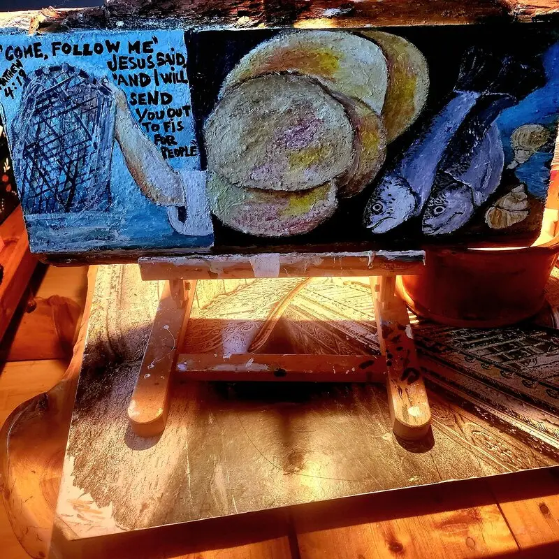 Akrylmålning 5 bred and two fish av Leena Rundgren