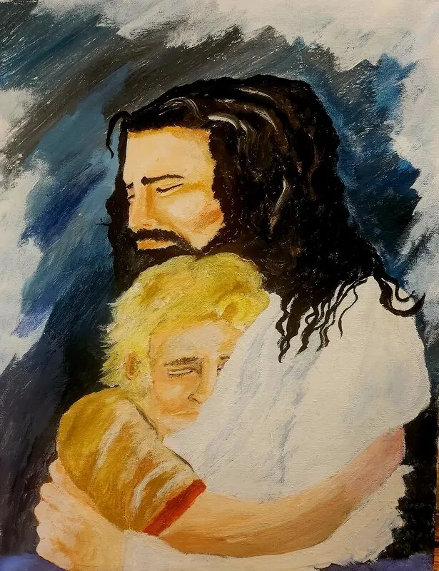 Akrylmålning Jesus and my brother Jalo av Leena Rundgren