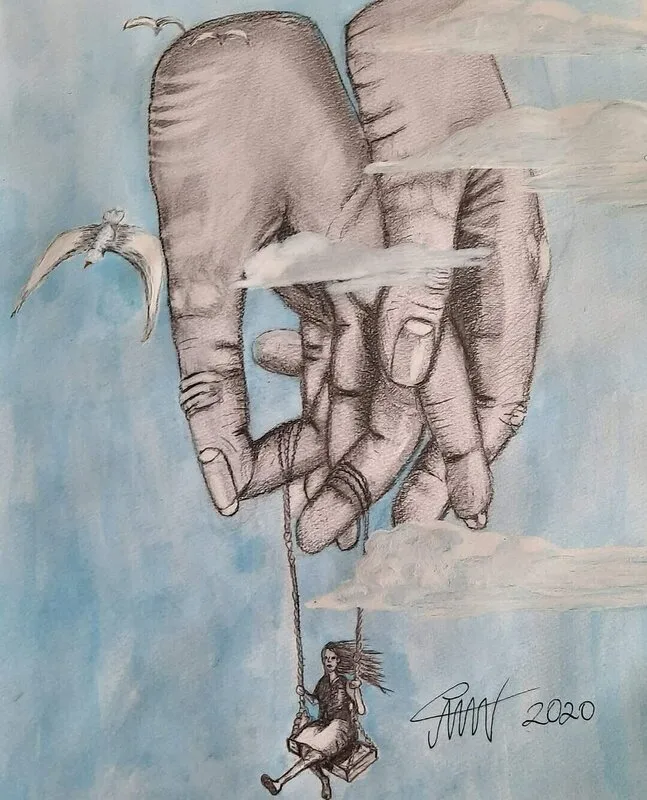 Akvarell Gunga bland molnen av Åse Motsanos Nordgren