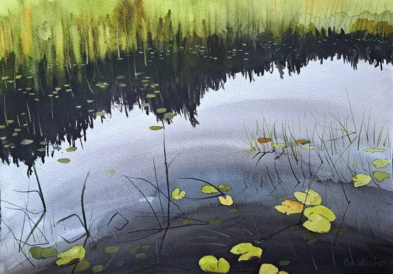 Akvarell Forestreflection by the waterlilielake av Åsa Wiksten