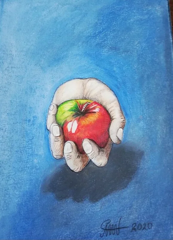Akvarell Surialistiskt äpple av Åse Motsanos Nordgren