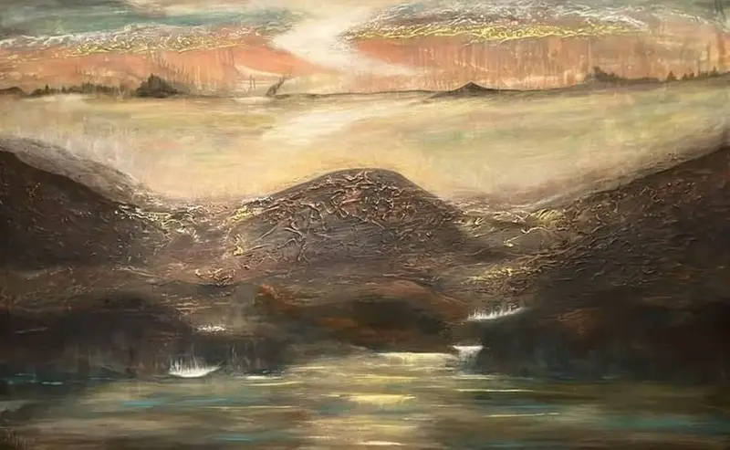 Akrylmålning Behind the mountains, the journey continues av Marilyn Miller