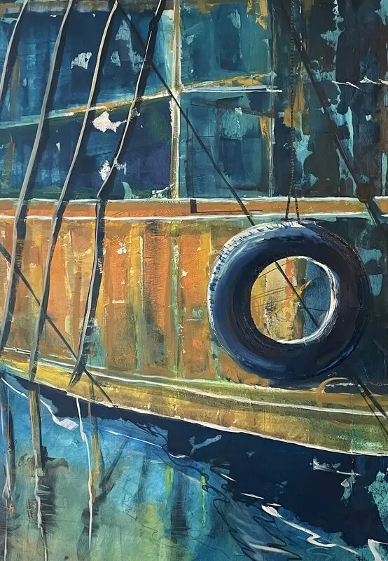 Oljemålning Refections in harbour av Anne Elina Turunen