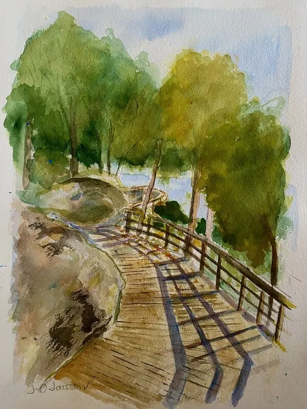 Akvarell Promenad vid Magelungens bryggor av Jan-Olof Larsson