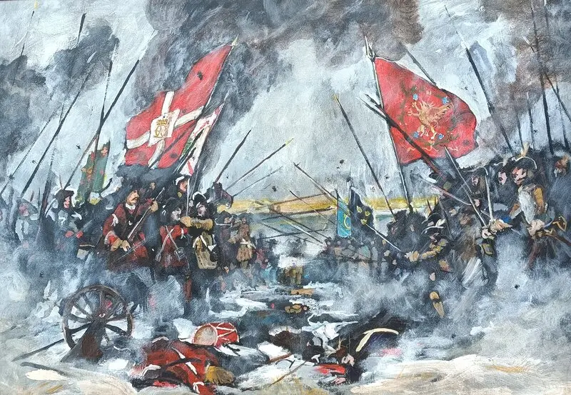 Akrylmålning Slaget vid Lund av Karolinermålaren Malmgren