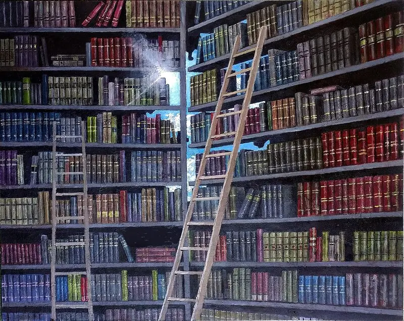 Oljemålning Böcker, stegar av Svante Trottestam