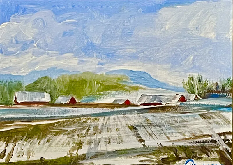 Akrylmålning Bondgård i snö. av Josef Pinter