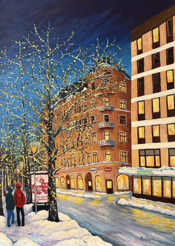 Akrylmålning Vinter i Örebro av Margareta Stark