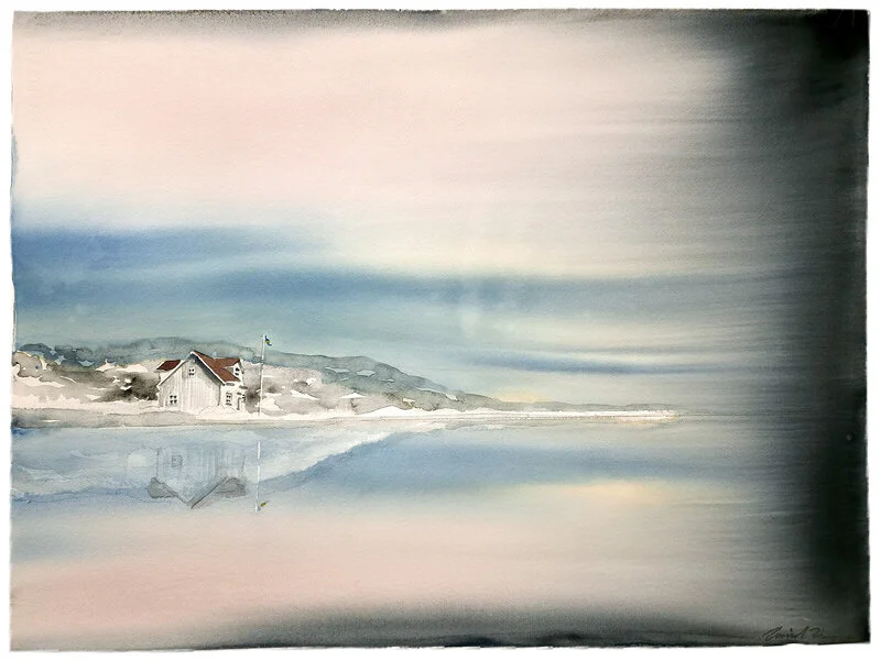 Akvarell Kustbild med rosa & blå himmel av Daniel Zausnig