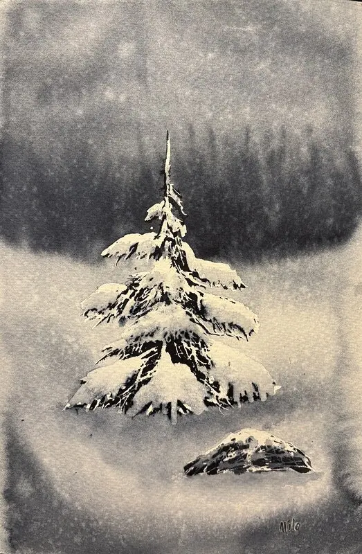 Akvarell Snötyngd av Marie-Louice Eriksson