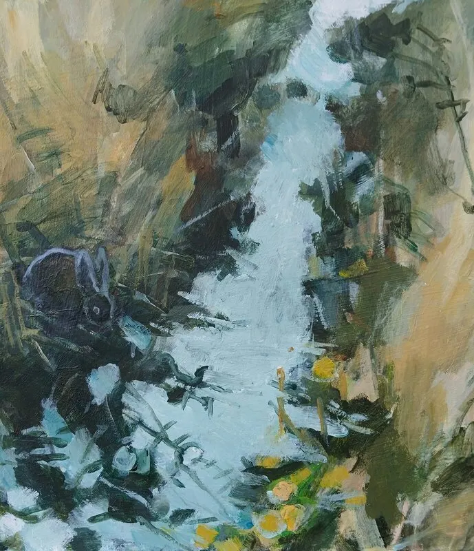 Akrylmålning Fall, grass, water av Rebecca Landmér