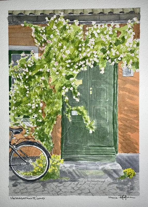 Akvarell Västergatan 15, dörr av Pär Håkan Henriksson