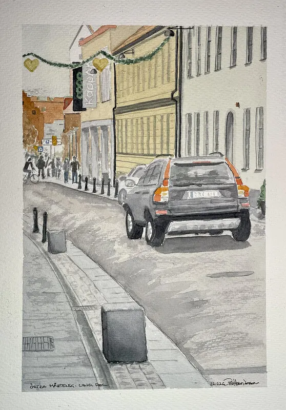 Akvarell Östra Mårtensgatan, Lund, del av Pär Håkan Henriksson