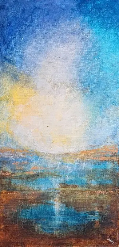 Akrylmålning Soluppgång över vattenytan av Ylva Berglund