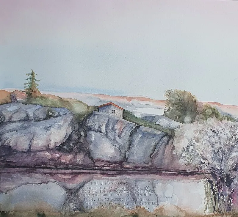 Akvarell Sotekanalen, Mor Lenas stuga av Molly, Monika Hellgren