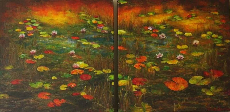 Oljemålning Waterlilies pond in autumn av Mihaela Jonasson