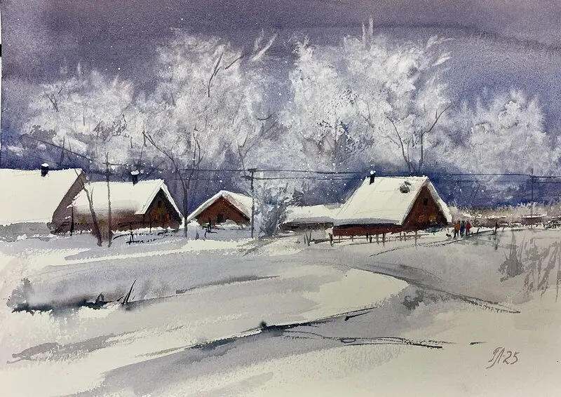 Akvarell Vinter har kommit av Tanya Lundmark