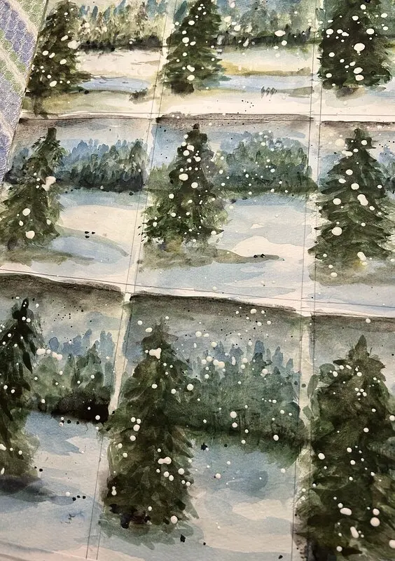 Akvarell Snöfall i skog av Charlotta Floberg