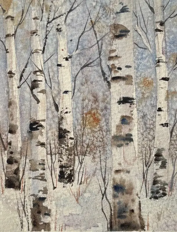 Akvarell Frusen björkskog av Anna Wolf