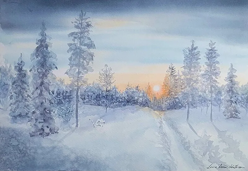 Akvarell Korta dagar I december av Lena Bovin Adolfsson