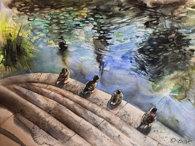 Akvarell Uppsala. Reflektion av domkyrkan i Fyrisån (inramad) av Olga Brink Art
