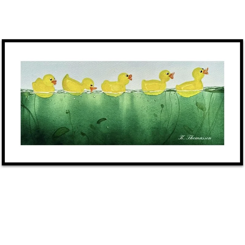 Akvarell ALL DUCKS IN A ROW av Katarina Thomassen