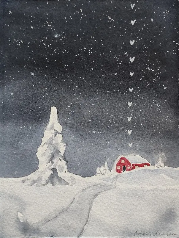 Akvarell VINTER PÅ LANDET av Emelie Aronsson
