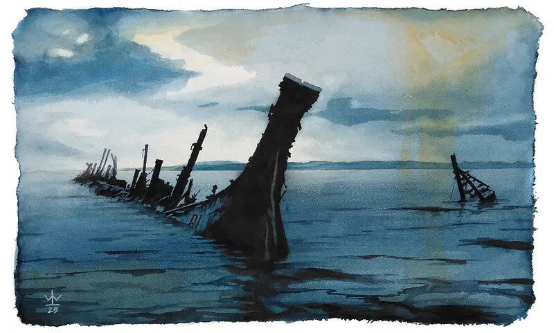 Akvarell The Wreck of ss/Rex av Lennart Lusth Wijkander