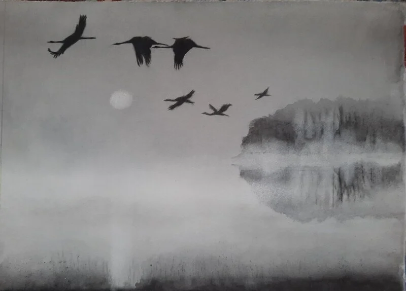 Akvarell Morgondimma, tranor av Birgitta Åström