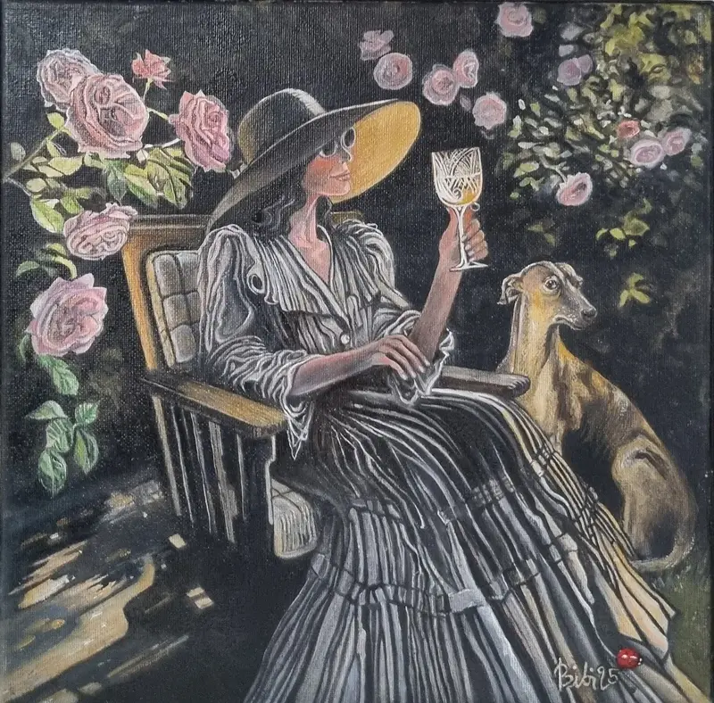 Oljemålning Rosalie bland (fler) rosor av Bibi Pålenäs