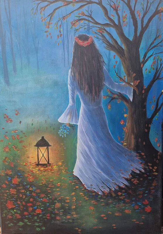 Akrylmålning She came with Autumn av Pia K. Egeriis