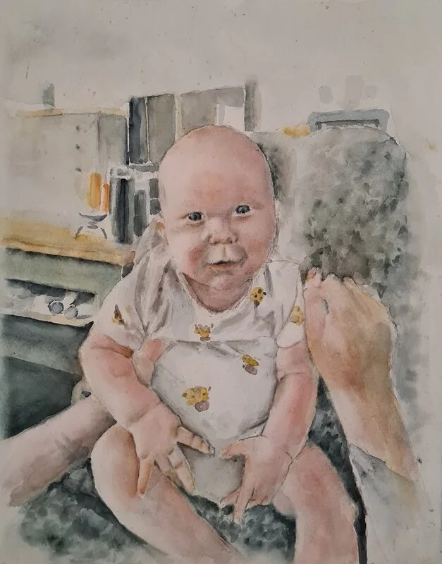 Akvarell Babyporträtt av Into Särkelä