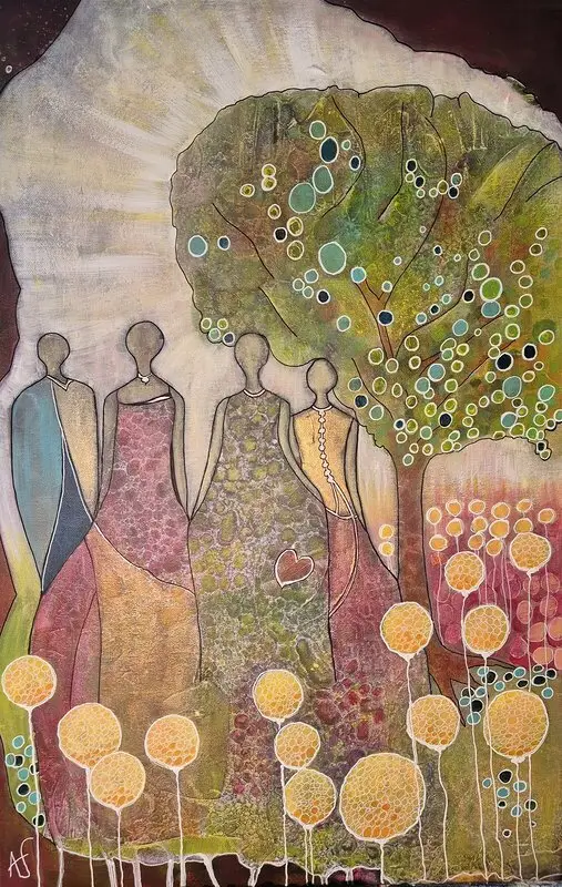 Akrylmålning Hjärtans vänner av Annelie Jonsson