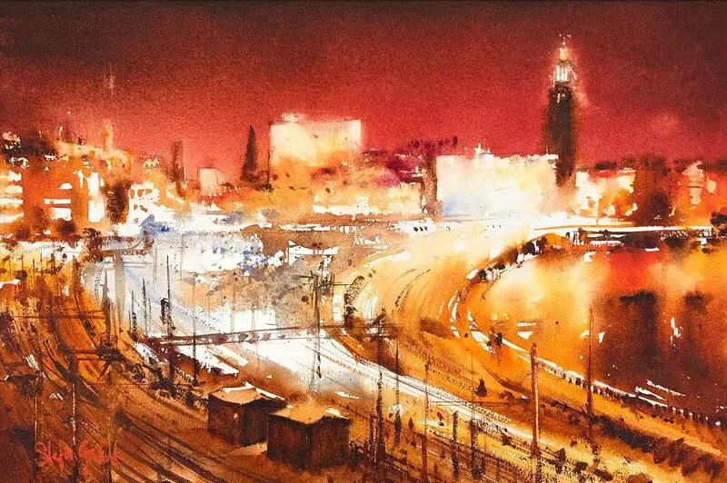Akvarell Ljus över Stockholms Banvall av Stefan Gadnell