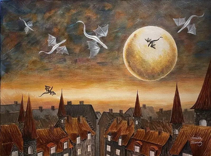 Akrylmålning Under gyllene måne av Annika Eliasson