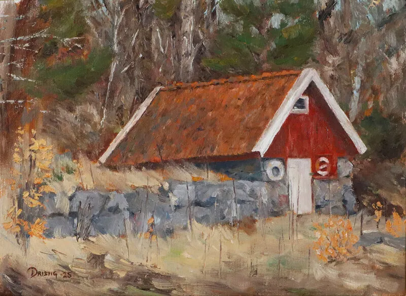 Oljemålning Solviken Sjöbod av Albin Dristig