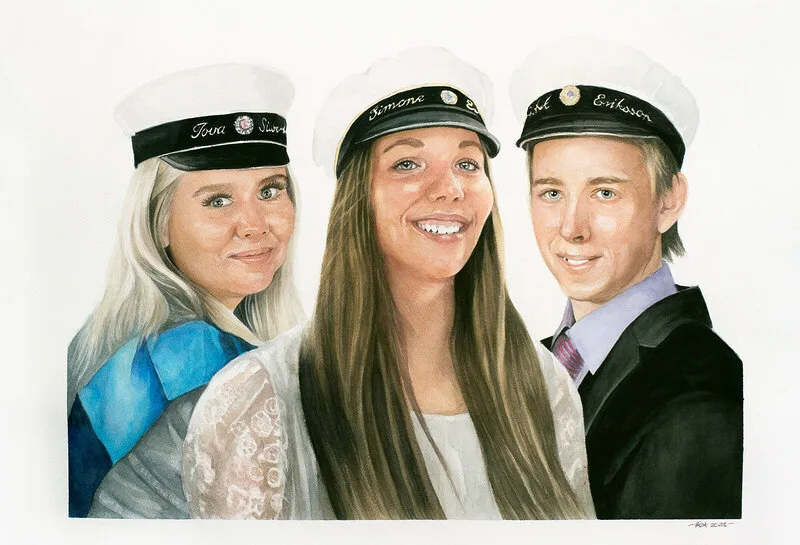 Akvarell Tre syskon-studenter av Åza Mårtensson