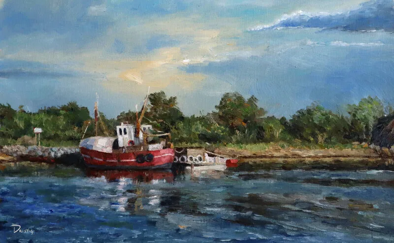 Oljemålning Fiskebåt på Koster av Albin Dristig
