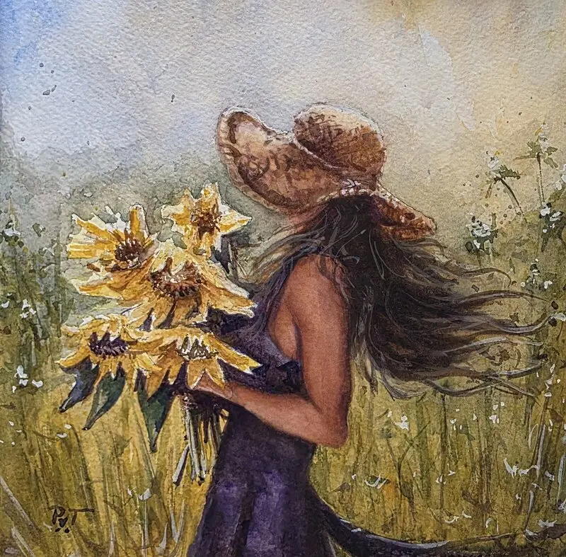 Akvarell Sunlight in Her Hands av Parham Vafatabar