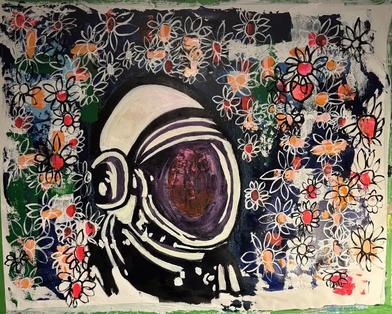 Akrylmålning Astronaut in flowers 2 av Derek Van Bergen