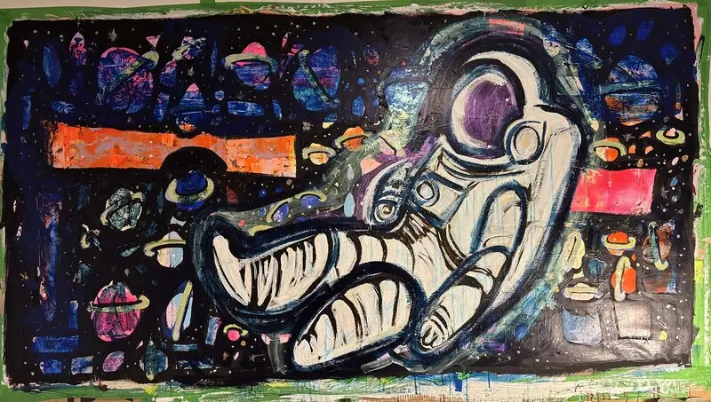 Akrylmålning Astronaut in space av Derek Van Bergen